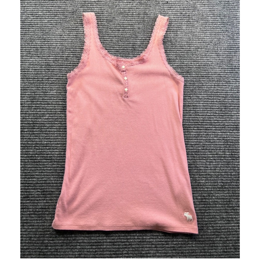 Abercrombie Kids Pink Ribbed Lace Trim Henley Tank Top Y2K Style Cami Size 15/16